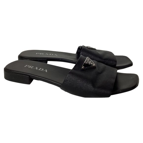 Prada Triangle-Logo Plaque Slide Flat Sandals in Black Leather - Picture 5 of 12